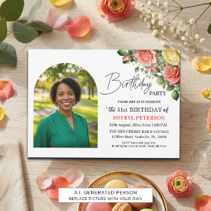 Elegant Floral with Photo 51st Birthday Party  Invitation