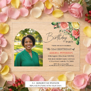 Elegant Floral with Photo 53rd Birthday Party Acrylic Invitations
