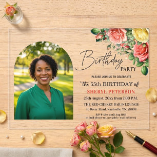 Elegant Floral with Photo 55th Birthday Party Acrylic Invitations