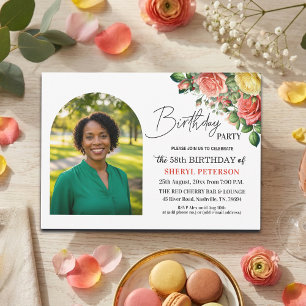 Elegant Floral with Photo 58th Birthday Party Invitation