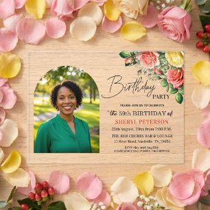 Elegant Floral with Photo 59th Birthday Party Acrylic Invitations