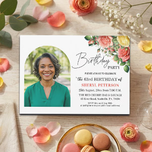 Elegant Floral with Photo 63rd Birthday Party Invitation