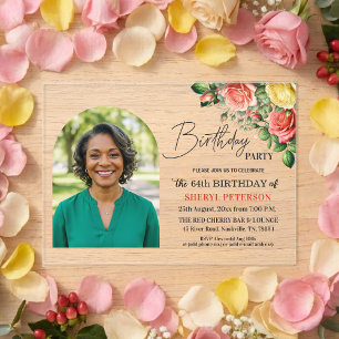 Elegant Floral with Photo 64th Birthday Party Acrylic Invitations