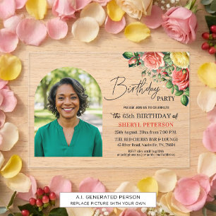Elegant Floral with Photo 65th Birthday Party  Acrylic Invitations