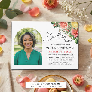 Elegant Floral with Photo 65th Birthday Party  Invitation