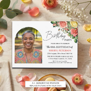 Elegant Floral with Photo 68th Birthday Party  Invitation