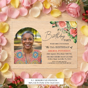 Elegant Floral with Photo 75th Birthday Party  Acrylic Invitations