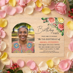 Elegant Floral with Photo 75th Birthday Party Acrylic Invitations