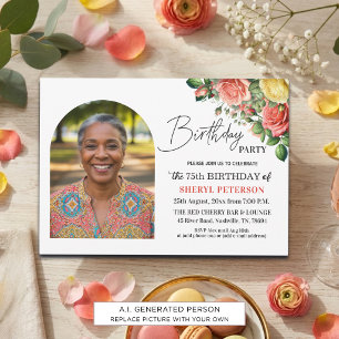 Elegant Floral with Photo 75th Birthday Party Invitation