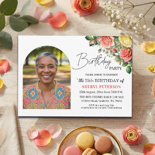 Elegant Floral with Photo 75th Birthday Party  Invitation