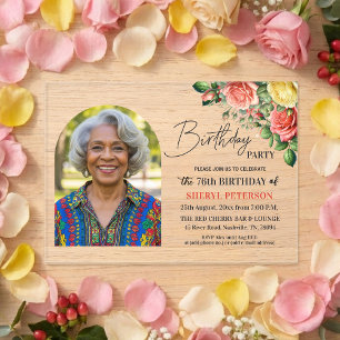 Elegant Floral with Photo 76th Birthday Party Acrylic Invitations