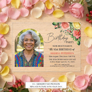 Elegant Floral with Photo 81st Birthday Party Acrylic Invitations