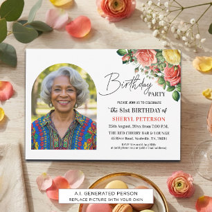 Elegant Floral with Photo 81st Birthday Party Invitation