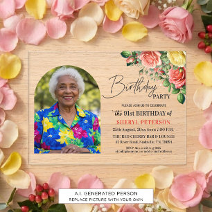 Elegant Floral with Photo 91st Birthday Party Acrylic Invitations