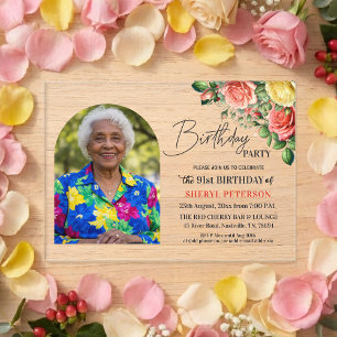 Elegant Floral with Photo 91st Birthday Party  Acrylic Invitations