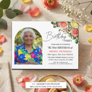 Elegant Floral with Photo 91st Birthday Party Invitation