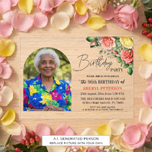 Elegant Floral with Photo 96th Birthday Party  Acrylic Invitations