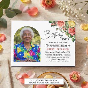 Elegant Floral with Photo 96th Birthday Party  Invitation