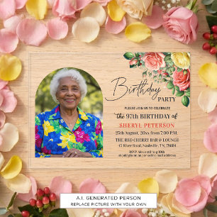 Elegant Floral with Photo 97th Birthday Party Acrylic Invitations