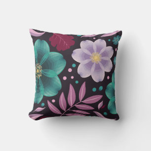 Elegant Floral with Teal and Purple Blossoms Throw Pillow