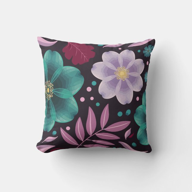 Elegant Floral with Teal and Purple Blossoms Throw Pillow (Front)