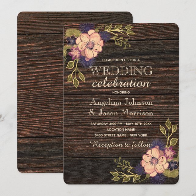 Elegant Floral Wood Wedding Invitation (Front/Back)