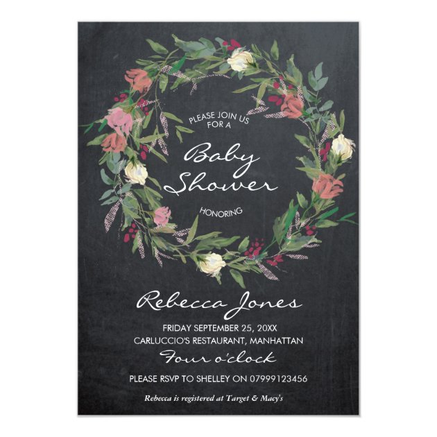 Elegant Floral Wreath Baby Shower Invitation