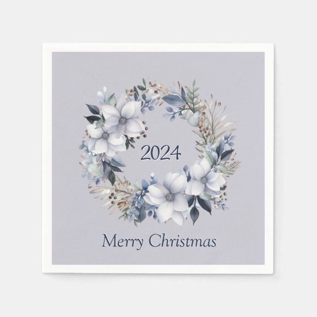 Elegant Floral Wreath Christmas Napkins (Front)