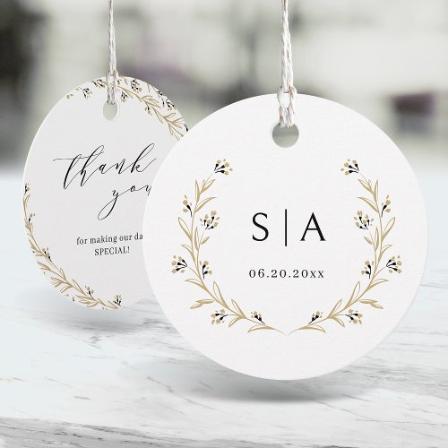 Elegant floral wreath couples monogram wedding favor tags