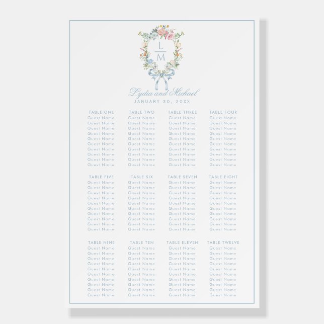 Elegant Floral Wreath Crest Monogram Seating Chart Foam Board (Front)