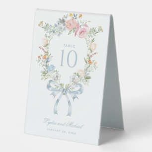 Elegant Floral Wreath Crest Monogram Table Number Tent