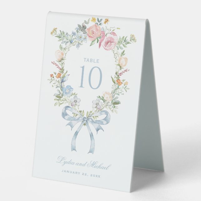 Elegant Floral Wreath Crest Monogram Table Number Tent (Front)