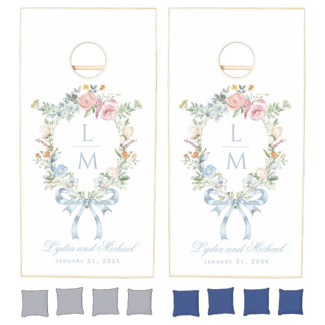 Elegant Floral Wreath Crest Monogram Wedding Cornhole Set (Set)