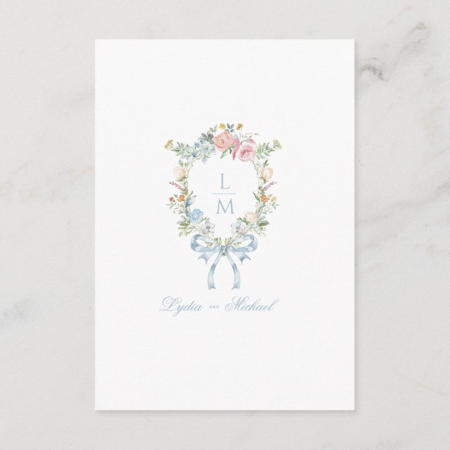 Elegant Floral Wreath Crest | Monogram Wedding Enclosure Card (Back)