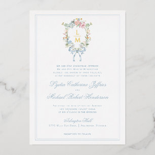 Elegant Floral Wreath Crest Monogram Wedding Foil Invitation