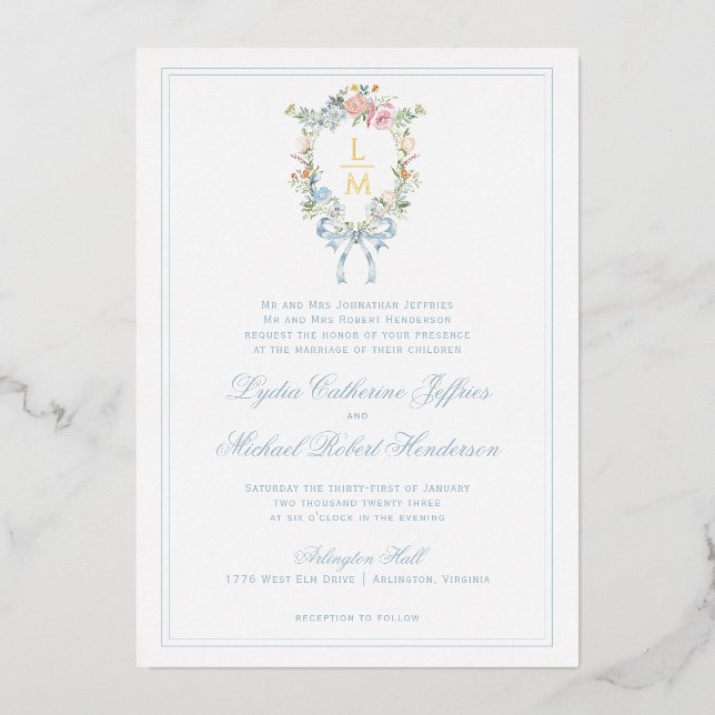 Elegant Floral Wreath Crest | Monogram Wedding Foil Invitation (Front)