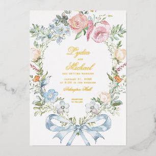 Elegant Floral Wreath Crest Monogram Wedding Foil Invitation