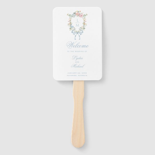Elegant Floral Wreath Crest Monogram Wedding Hand Fan (Front)