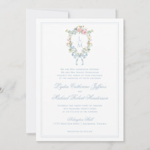 Elegant Floral Wreath Crest Monogram Wedding Invitation