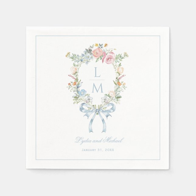 Elegant Floral Wreath Crest Monogram Wedding Napkins (Front)