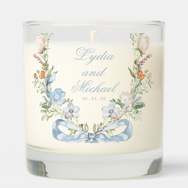 Elegant Floral Wreath Crest Monogram Wedding Scented Candle (Front)