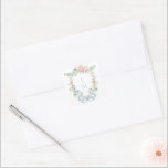 Elegant Floral Wreath Crest | Monogram Wedding Square Sticker<br><div class="desc">The watercolor floral monogram wreath crest gives this invitation sticker a beautiful and timeless look that any sophisticated bride will love. Personalize this sticker with your initials inside the crest at the top. Colors include, light blue, green, golden yellow and pink. If you have any questions or need help customizing...</div>