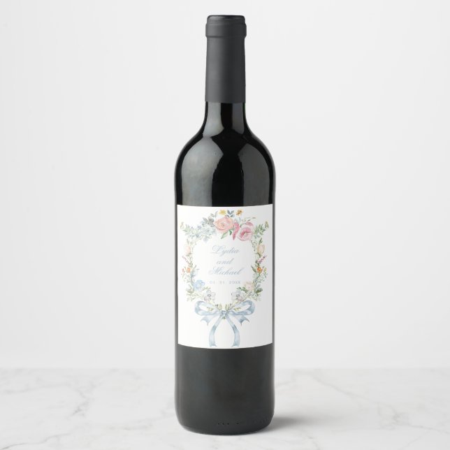 Elegant Floral Wreath Crest Monogram Wedding Wine Label (Front)