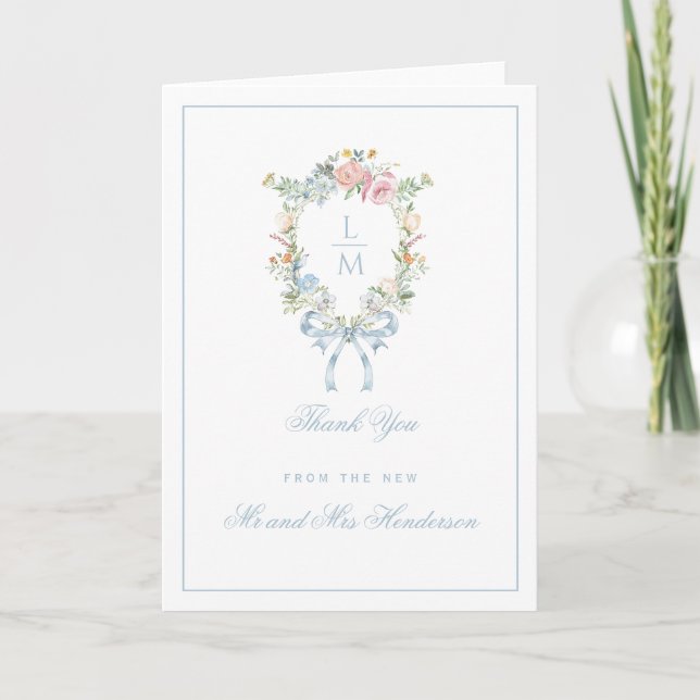 Elegant Floral Wreath Crest Thank You Card (Front)
