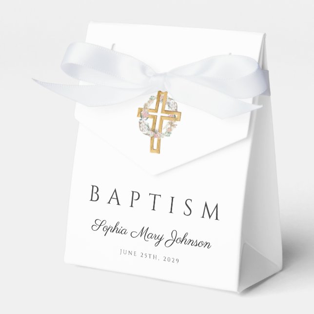 Elegant Floral Wreath Cross Baptism Favor Boxes (Front Side)