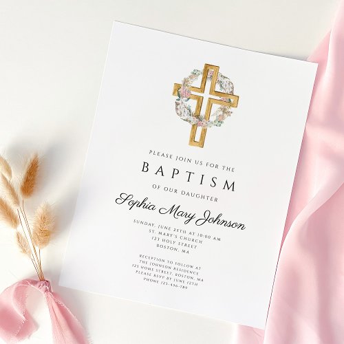 Elegant Floral Wreath Cross Baptism Invitation