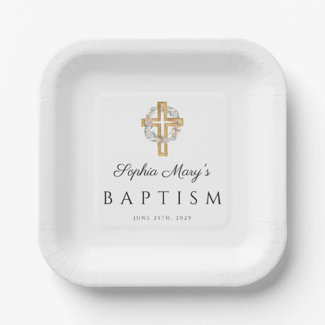 Elegant Floral Wreath Cross Baptism Paper Plates (Front)