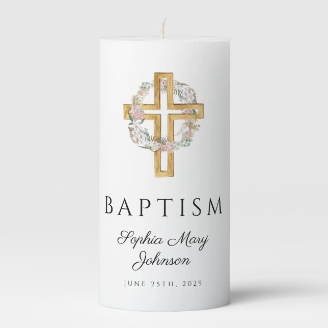 Elegant Floral Wreath Cross Baptism Pillar Candle (Front)