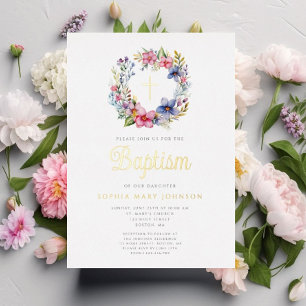 Elegant Floral Wreath Cross Girl Baptism Gold Foil Invitation
