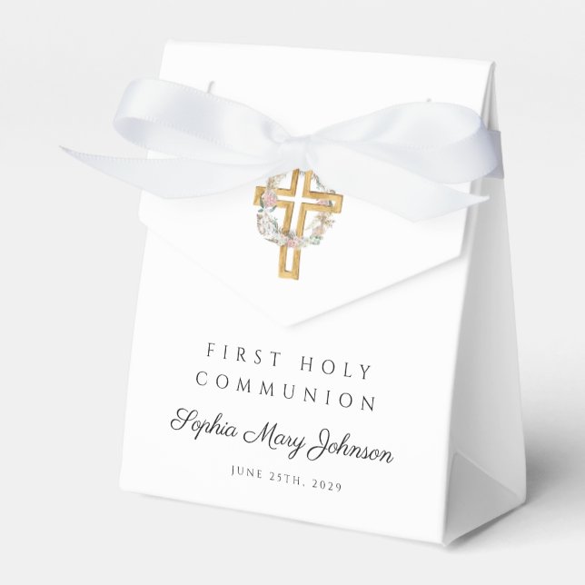 Elegant Floral Wreath Cross Girl First Communion Favor Boxes (Front Side)